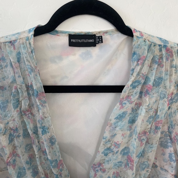 Chiffon Ruched Floral Hipster Hippie Artsy Boho Bohemian Coquette Blouse Top - Picture 4 of 4